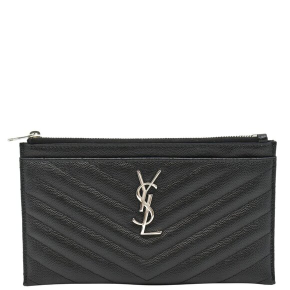 YVES SAINT LAURENT Monogram Bill Grain De Poudre Chevron Leather Zip Pouch Black - Picture 1 of 12